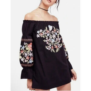 Free People Dress M Fleur Du Jour Black Embroidered Off Shoulder Mini Boho C16